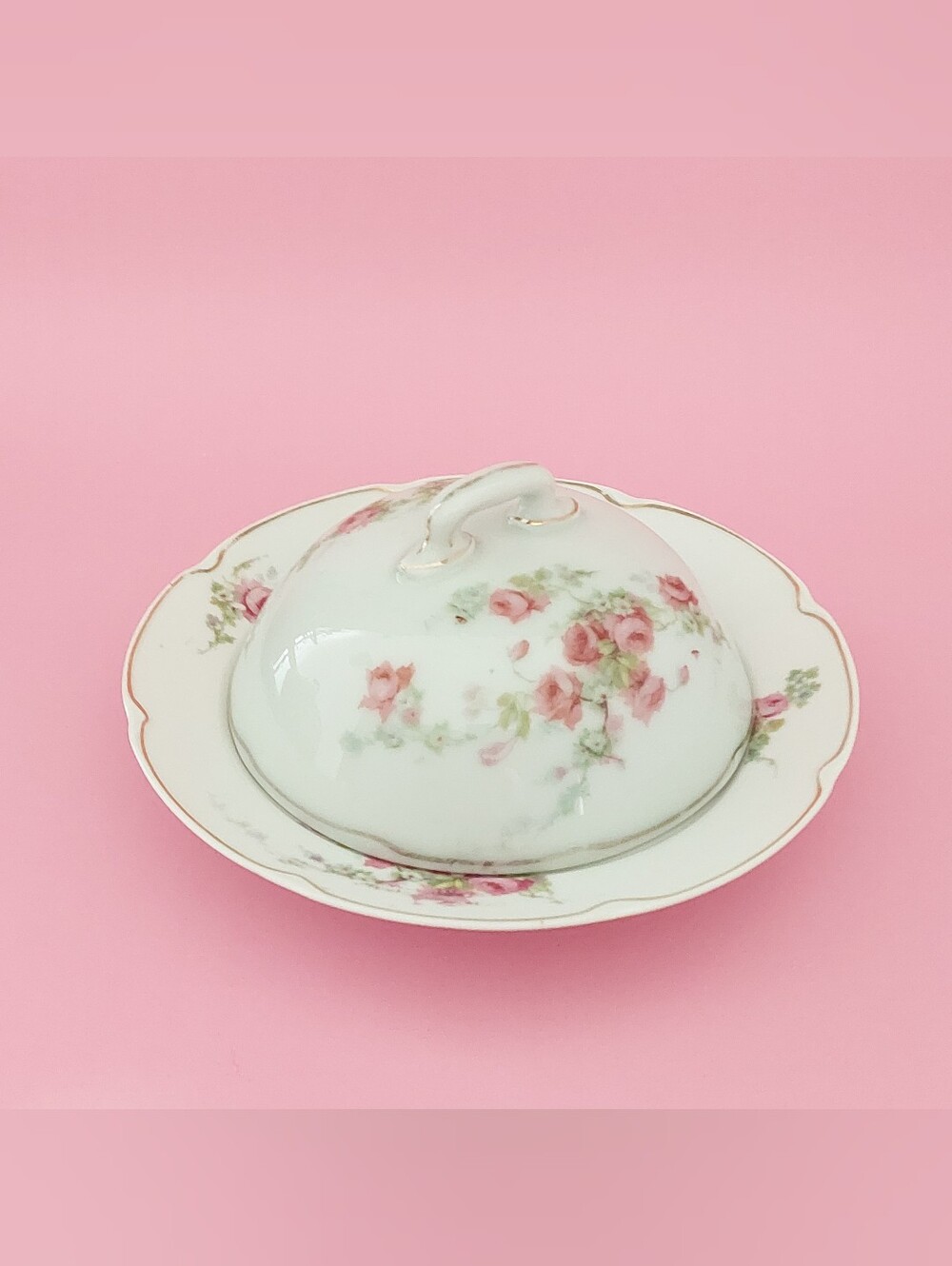 Antique Carlsbad Austria Porcelain Covered Butter Dish Rose Cottagecore
